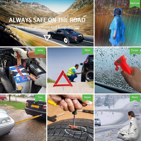 STDY Car Roadside Emergency Kit, Vehicle Truck Safety Road Side Assistance Kits Auto Accessory, with Jumper Cables, Tow Rope, Reflective Triangle, Tire Pressure Gauge, etc in Kuwait
