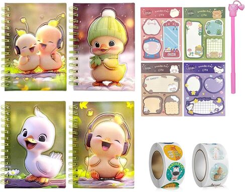 11-Piece Kids Journal Gift Set with 4 Pack Squeezable Cartoon Animal Spiral Notebooks, 4 Sticky Notes, 2 Rolls of Cute Sticker & Pig Pen, Stress Anxiety Relief for Studying for Boy Girl Birthday(Duck) in Kuwait