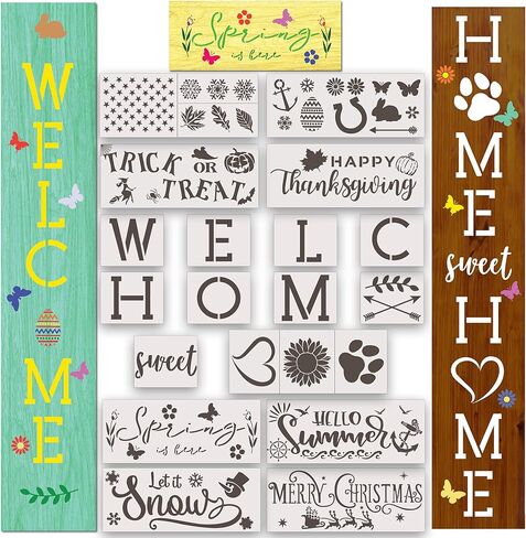 Welcome Stencil, Large Stencils for Painting on Wood Reusable, 26 PC Set to Celebrate Holidays, Home, Easter, Halloween, Christmas, Spring, Large Letter Stencils, American Flag Stencil, Leaf Stencils in Saudi Arabia