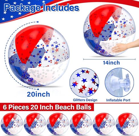 6 Pack 20 Inch Patriotic Inflatable Beach Balls Bulk, 4th of July Confetti Red White and Blue Large Beach Ball for Kids Adults 250th Anniversary Beach & Summer Pool Party Decorations Pool Toys Games in Kuwait
