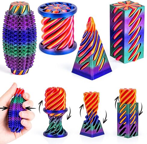 4-Pack 3D Printed Fidget Toys Set, Impossible Cone Spiral Pyramid & Little Ouchies Pain Stim for Stress Anxiety Relief, Fun Desk Decor Gifts for Kids Adults, Rose Red+Blue+Green in Kuwait