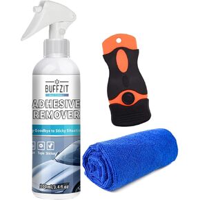 مزيل لاصق للسيارات من BUFFZIT - بخاخ مزيل الغراء والملصقات، يذيب البقايا اللزجة من الملصقات والملصقات والشريط، آمن على طلاء السيارات والزجاج، يتضمن مكشطة وملعقة ومنشفة، 3.4 أونصة/100 مل in Kuwait