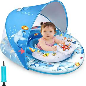 Baby Pool Float with Canopy,UPF50+ Sun Protection, Anti-Flip Double Air Chambers,Infants & Toddlers Swimming Water Float with Safety Seat, 2-in-1 Backstroke& Breaststroke, Suitable for 3-36 Months in Kuwait