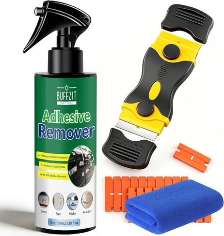 Goo Gone Adhesive Remover for Cars, Glass & Plastic, Fast Glue & Sticker Remover Spray for Tape, Labels, Decals & Residue, Safe on Windows, Carpet & Car Surfaces, with Scraper & Towel, .38 fl oz in Kuwait
