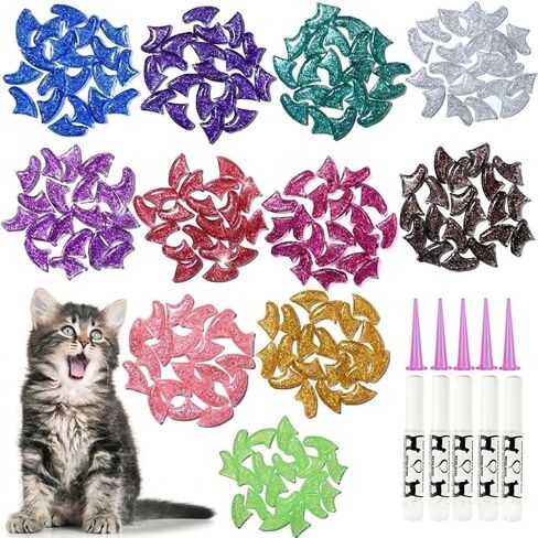 MiiOUU 100 pcs Cat Nail Caps | Cat Claw Covers with Adhesives and Applicators | 5X Different Glitter Colors (XS) in Saudi Arabia