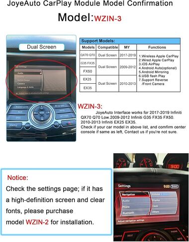 Wireless CarPlay Android Auto Retrofit Decoder for Infiniti QX70 Q70 Low(2017-2019MY) G35 FX35 FX50(2009-2012MY) EX25 EX35(2010-2013), Module Support Mirrorlink, USB Play Rear Camera WZIN-3 in Kuwait