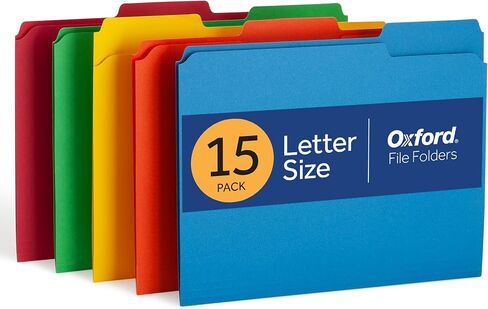 Oxford Colored File Folders, 15 Pack, 3 Tabs, 5 Assorted Colors, Letter Size (8.5" x 11"), Color-Coding for School, Office & Home Document Organization in Kuwait