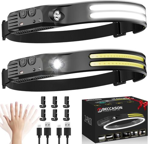 مصباح أمامي LED من Beccason قابل لإعادة الشحن قطعتين - مصابيح رأس فائقة السطوع 230 درجة COB للجبهة، ضوء قبعة صلبة للبالغين، مصباح يدوي USB C للعمل والمشي لمسافات طويلة والجري والتخييم in Kuwait