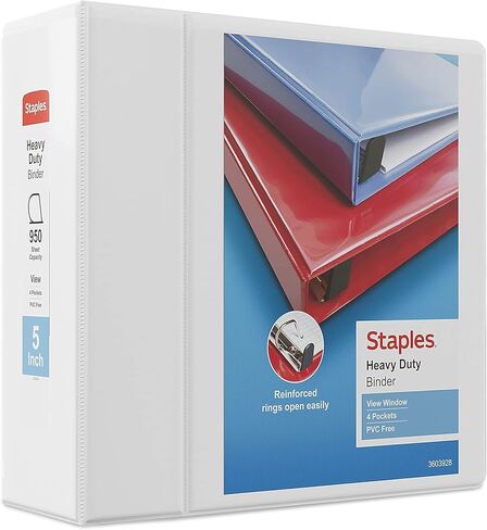 Staples Heavy Duty 5-inch 3-Ring View Binder، حلقات D كبيرة جدًا، أربعة جيوب داخلية، تراكب شفاف، أبيض، تخزين مستندات عالي السعة، عبوتان in Kuwait