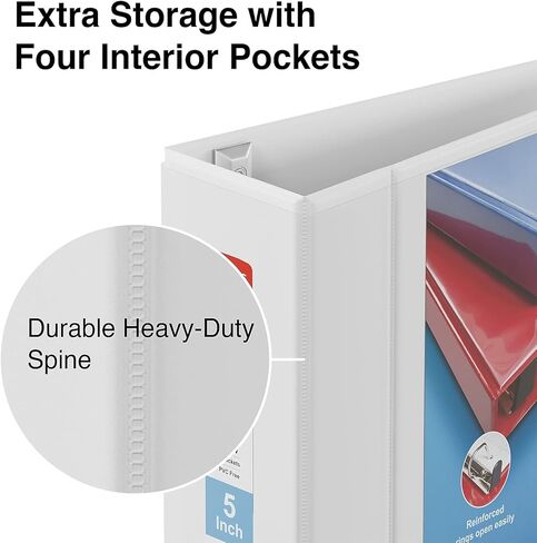 Staples Heavy Duty 5-inch 3-Ring View Binder، حلقات D كبيرة جدًا، أربعة جيوب داخلية، تراكب شفاف، أبيض، تخزين مستندات عالي السعة، عبوتان in Kuwait