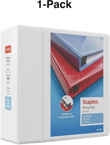 Staples Heavy Duty 5-inch 3-Ring View Binder، حلقات D كبيرة جدًا، أربعة جيوب داخلية، تراكب شفاف، أبيض، تخزين مستندات عالي السعة، عبوتان in Kuwait