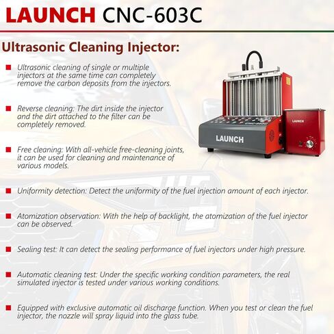 LAUNCH CNC-603C آلة تنظيف حاقن الوقود - أحدث إصدار لعام 2026، جهاز اختبار نظام حقن الوقود بالموجات فوق الصوتية للسيارات ذو 6 أسطوانات ومنظف مع وظيفة تفريغ الزيت التلقائي الحصرية in Kuwait