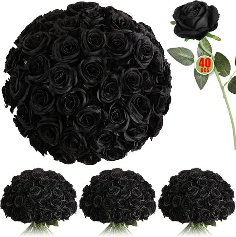 Luyue 40PCS Fake Roses Artificial Flowers with Stems Silk Fake Flowers Bouquet Artificial Long Stem Black Roses in Bulk for Wedding Centerpiece Floral Arrangement Home Decor in Saudi Arabia
