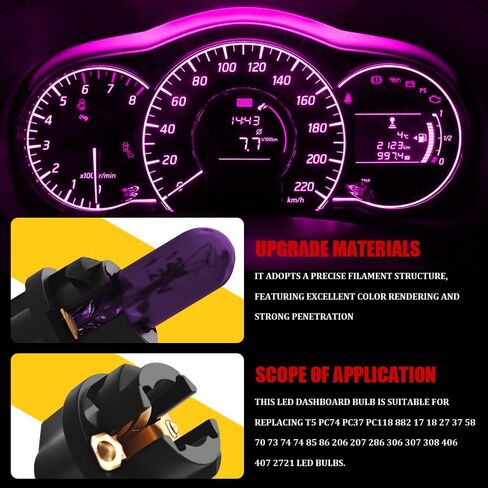 20PCS T5 17 57 79 86 Halogen Instrument Cluster Bulb Kits, 12V Car Dashboard Bulb with T5 Sockets, Lighting Replacement Accessories for Interior Speedometer, Tachometer, Dashboard (Purple) in Kuwait