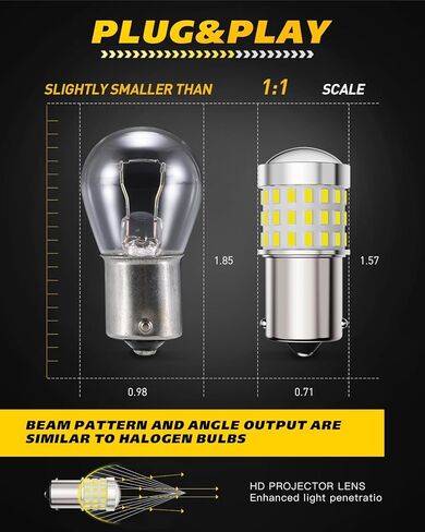 1156 مصباح LED - 57 قطعة من رقائق LED مع عدسة بروجيكتور عالية الدقة، أكثر سطوعًا بنسبة 600%، أبيض 6500 كلفن - للنسخ الاحتياطي لفرامل الذيل العكسي DRL لأضواء وقوف السيارات، تناسب 7506 BA15S P21W، حزمة من 2 in Kuwait