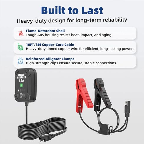 1.5A 6V/12V Car Battery Charger – Automatic Trickle Charger, Battery Maintainer & Desulfator with Overcharge Protection & Temperature Compensation – For Lead Acid, AGM, Gel, Lithium(LiFePO4) Batteries in Saudi Arabia