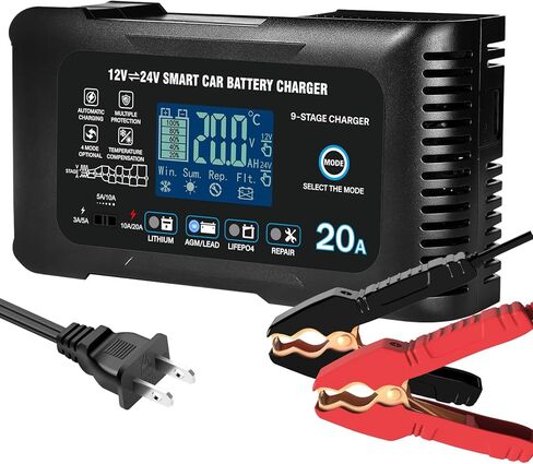 20Amp: 12/24V Smart Car Battery Charger – Automatic Maintainer, Trickle Charger & Desulfator with Overcharge Protection & Temperature Compensation – for Lead-Acid & Lithium & LiFePO4 Batteries in Saudi Arabia