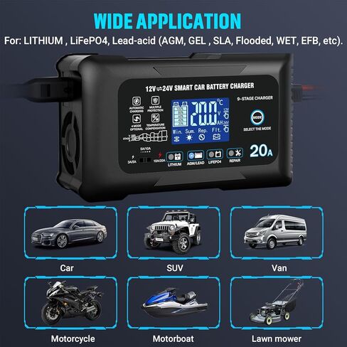 20Amp: 12/24V Smart Car Battery Charger – Automatic Maintainer, Trickle Charger & Desulfator with Overcharge Protection & Temperature Compensation – for Lead-Acid & Lithium & LiFePO4 Batteries in Saudi Arabia