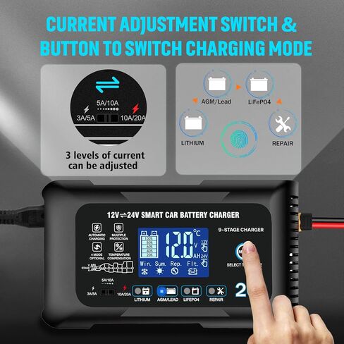 20Amp: 12/24V Smart Car Battery Charger – Automatic Maintainer, Trickle Charger & Desulfator with Overcharge Protection & Temperature Compensation – for Lead-Acid & Lithium & LiFePO4 Batteries in Saudi Arabia