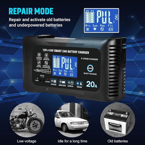 20Amp: 12/24V Smart Car Battery Charger – Automatic Maintainer, Trickle Charger & Desulfator with Overcharge Protection & Temperature Compensation – for Lead-Acid & Lithium & LiFePO4 Batteries in Saudi Arabia