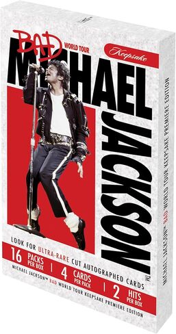 صندوق هواية مايكل جاكسون Bad World Tour Keepsake Premiere Hobby Box: 16 حزمة، توقيع Chase Rare 1/1 وقطع أثرية أصلية للقفازات التي تم ارتداؤها في الجولة، مجموعة أكثر من 300 بطاقة in Kuwait