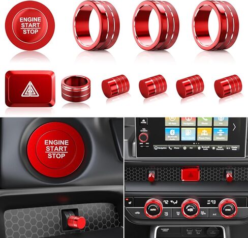 إكسسوارات داخلية رياضية حمراء لسيارة Honda Civic 2022-2026، CRV 2023-2026، Acura Integra 2023-2025 (شاشة 9 بوصة)، طقم غطاء مقبض من سبائك الألومنيوم مكون من 11 قطعة للتيار المتردد، وفتحة تهوية، وإضاءة المخاطر وبدء التشغيل in Kuwait