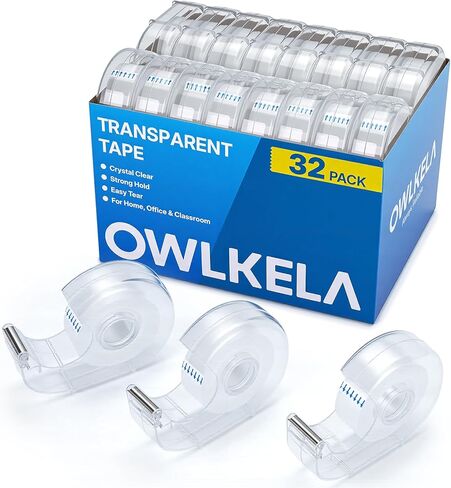 أشرطة شفافة وموزعات قابلة لإعادة الملء من OWLKELA، 16 عبوة، 0.7 بوصة × 28 ياردة لكل لفة، عبوات شريط شفافة، شريط مكتب مع موزع للمنزل والمدرسة in Kuwait