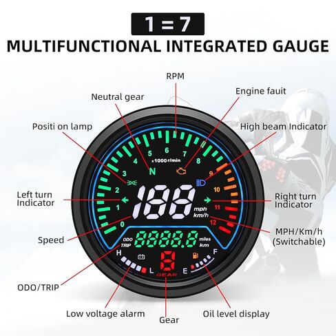 Universal Motorcycle Speedometer with Tachometer 12000 RPM, 6 Gear, Mileage, Volt, Oil Level, Indicator Light Km/h MPH LCD Anti-Glare 12V Digital Speedometer for Motorcycle Gauge Cluster in Kuwait