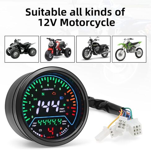 Universal Motorcycle Speedometer with Tachometer 12000 RPM, 6 Gear, Mileage, Volt, Oil Level, Indicator Light Km/h MPH LCD Anti-Glare 12V Digital Speedometer for Motorcycle Gauge Cluster in Kuwait