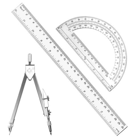 3 Packs Plastic 12 Inch Ruler,6 Inch Clear Protractor and Compasses Set Student Geometry Math Set for Classroom Set Angle Detector School Supplies Classroom Ruler Home Office Drawings in Kuwait
