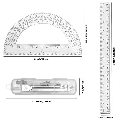 3 Packs Plastic 12 Inch Ruler,6 Inch Clear Protractor and Compasses Set Student Geometry Math Set for Classroom Set Angle Detector School Supplies Classroom Ruler Home Office Drawings in Kuwait