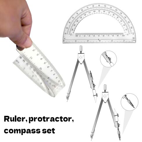 3 Packs Plastic 12 Inch Ruler,6 Inch Clear Protractor and Compasses Set Student Geometry Math Set for Classroom Set Angle Detector School Supplies Classroom Ruler Home Office Drawings in Kuwait