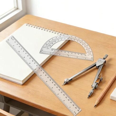 3 Packs Plastic 12 Inch Ruler,6 Inch Clear Protractor and Compasses Set Student Geometry Math Set for Classroom Set Angle Detector School Supplies Classroom Ruler Home Office Drawings in Kuwait