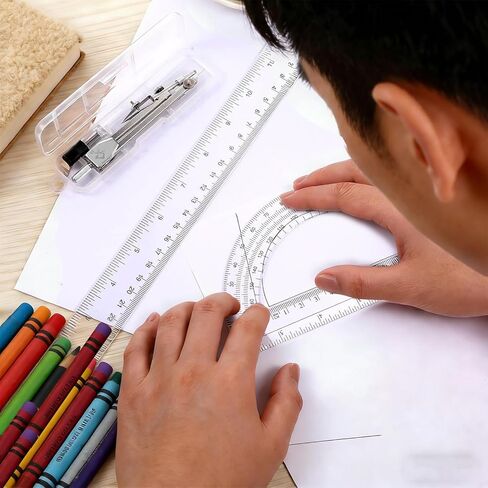 3 Packs Plastic 12 Inch Ruler,6 Inch Clear Protractor and Compasses Set Student Geometry Math Set for Classroom Set Angle Detector School Supplies Classroom Ruler Home Office Drawings in Kuwait