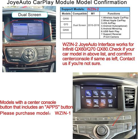 مجموعة التحديثية التلقائية CarPlay Android Auto لـ Infiniti QX60 Q70 QX80 2015-2019، صندوق Carplay اللاسلكي يدعم وصلة المرآة، وظائف تشغيل USB للكاميرا العكسية WZIN-2 in Kuwait