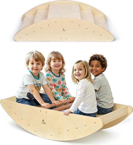 Two-Sided Kids Rock & Roll Rocking Boat, Teeter-Totter Seesaw with Climbing Bridge Steps - Holds Up to 4 Kids, Indoor/Outdoor Play Fun in Kuwait