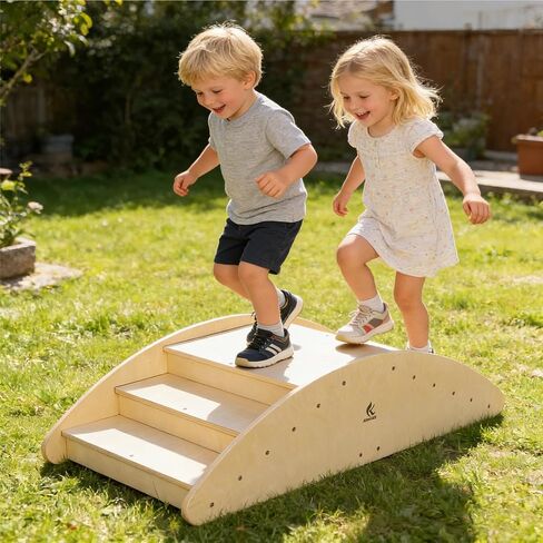 Two-Sided Kids Rock & Roll Rocking Boat, Teeter-Totter Seesaw with Climbing Bridge Steps - Holds Up to 4 Kids, Indoor/Outdoor Play Fun in Kuwait