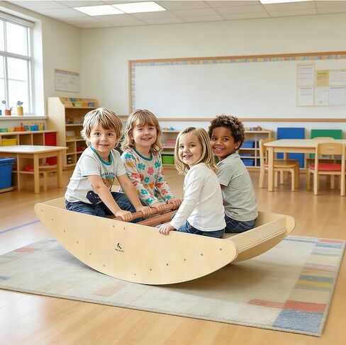 Two-Sided Kids Rock & Roll Rocking Boat, Teeter-Totter Seesaw with Climbing Bridge Steps - Holds Up to 4 Kids, Indoor/Outdoor Play Fun in Kuwait