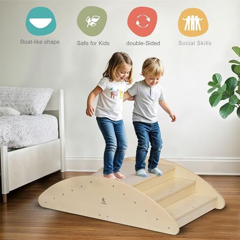 Two-Sided Kids Rock & Roll Rocking Boat, Teeter-Totter Seesaw with Climbing Bridge Steps - Holds Up to 4 Kids, Indoor/Outdoor Play Fun in Kuwait