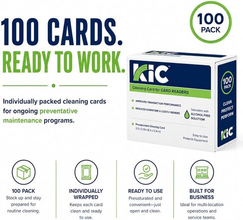 KICTeam - بطاقات تنظيف قارئ بطاقات الائتمان - 100 حزمة من بطاقات تنظيف بطاقات الائتمان الخالية من الكحول CR80 لمحطات نقاط البيع وأجهزة الصراف الآلي وأجهزة الدفع in Kuwait