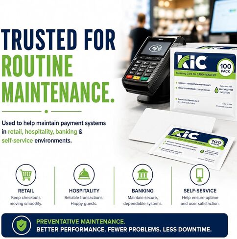 KICTeam - بطاقات تنظيف قارئ بطاقات الائتمان - 100 حزمة من بطاقات تنظيف بطاقات الائتمان الخالية من الكحول CR80 لمحطات نقاط البيع وأجهزة الصراف الآلي وأجهزة الدفع in Kuwait