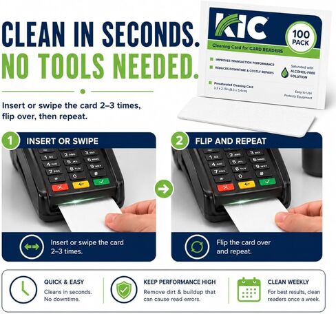 KICTeam - بطاقات تنظيف قارئ بطاقات الائتمان - 100 حزمة من بطاقات تنظيف بطاقات الائتمان الخالية من الكحول CR80 لمحطات نقاط البيع وأجهزة الصراف الآلي وأجهزة الدفع in Kuwait
