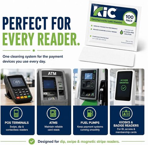 KICTeam - بطاقات تنظيف قارئ بطاقات الائتمان - 100 حزمة من بطاقات تنظيف بطاقات الائتمان الخالية من الكحول CR80 لمحطات نقاط البيع وأجهزة الصراف الآلي وأجهزة الدفع in Kuwait