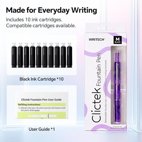 قلم حبر WRITECH Clictek قابل للسحب: حبر أسود متوسط ​​الحجم يتضمن 10 خراطيش قابلة لإعادة الملء، لا تسرب الكتابة الناعمة، مثالي كهدية للمبتدئين في يوميات المكتب in Kuwait