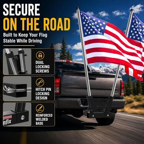 Hitch Mount Flagpole Holder, Heavy-Duty Flag Pole Holder for 2 Inch Hitch 2 Models Single Hole Dual Hole with Design Flag Holder for Jeep Truck SUV, RV Camper in Kuwait