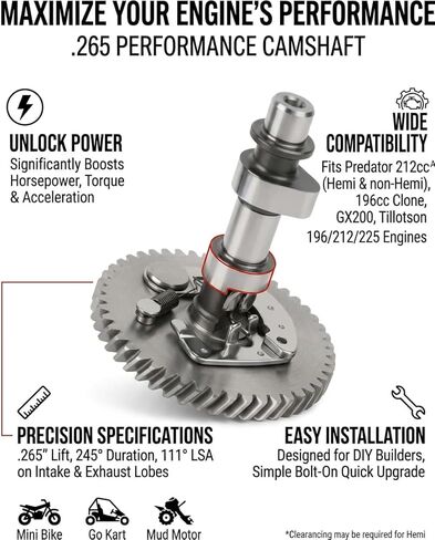 .265 Camshaft for Predator 212cc Hemi 196cc Clone GX200 Tillotson 196/212/225 Engine – Performance Camshaft with .265 Lift 245 Duration – Boosts HP, Torque & Acceleration for Minibike Go Kart in Saudi Arabia