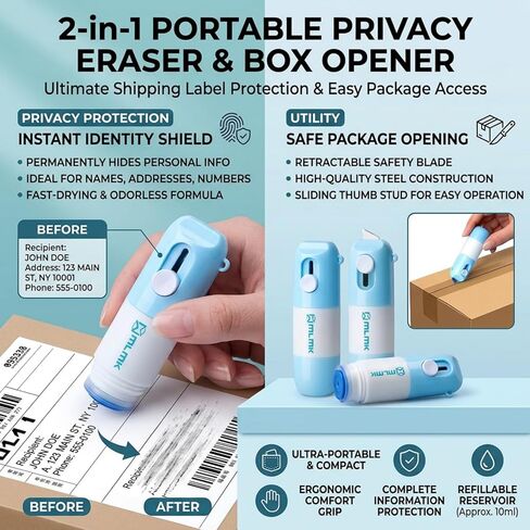 Eraser and Box Cutter, Water-Based Thermal Paper Eraser Pen with Mini Unboxing Knife - 2 in 1 Thermal Label Eraser with Box Cutter Knife for One Smear Printed Text Covering (Blue) in Saudi Arabia