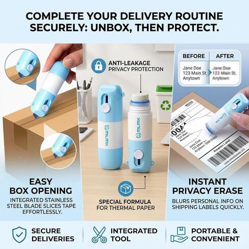Eraser and Box Cutter, Water-Based Thermal Paper Eraser Pen with Mini Unboxing Knife - 2 in 1 Thermal Label Eraser with Box Cutter Knife for One Smear Printed Text Covering (Blue) in Saudi Arabia