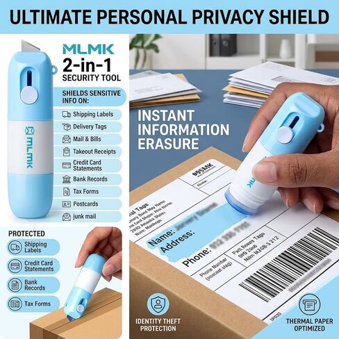 Eraser and Box Cutter, Water-Based Thermal Paper Eraser Pen with Mini Unboxing Knife - 2 in 1 Thermal Label Eraser with Box Cutter Knife for One Smear Printed Text Covering (Blue) in Saudi Arabia