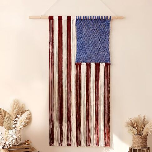 Moukeren Macrame American Flag Wall Hanging 4th of July Patriotic Woven Tapestry Vintage Boho Red White Blue Flag Decor for Independence Day 250th Anniversary Party Decoration, 2.3 x 4 ft in Kuwait
